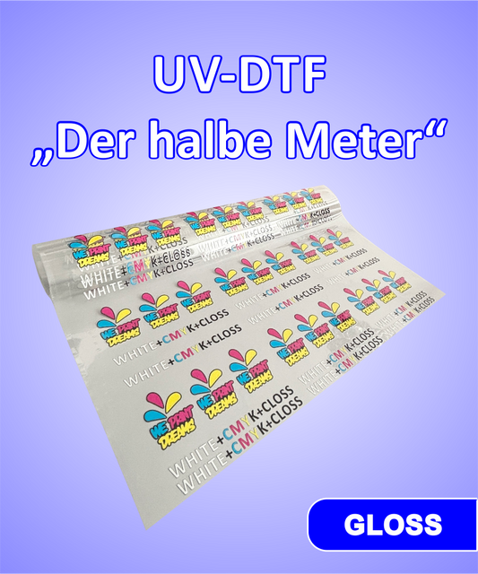 UV-DTF- oder RubOn-Sticker für die Veredlung unterschiedlicher Materialien im Bereich Werbemittel, Werbung und Merchandise. Die selbstklebenden und kratzfesten Aufkleber lassen sich leicht verarbeiten und es ist kein entgittern nötig.